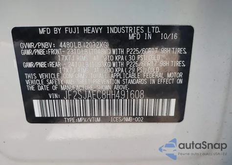 2017 Subaru Forester 2.5I Premium from USA, damaged, VIN JF2SJAEC8HH491608